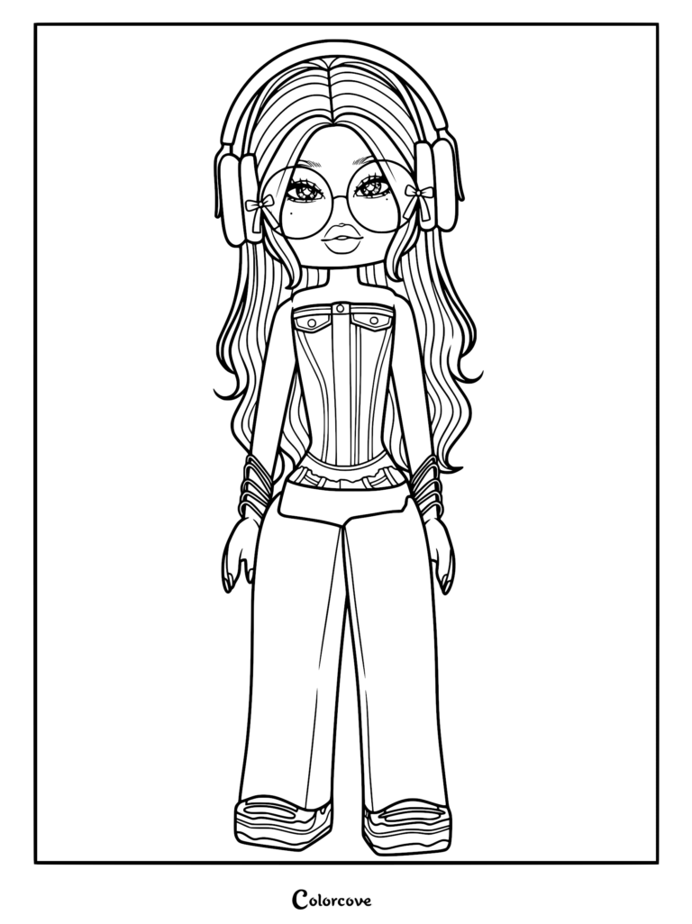 Roblox Avatar girl wearing large headphones, round glasses, and a corset top in this printable coloring page.