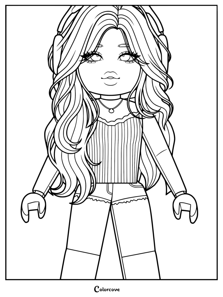 A Roblox avatar girl with long wavy hair and headphones wearing a striped top and shorts in a printable coloring page format.