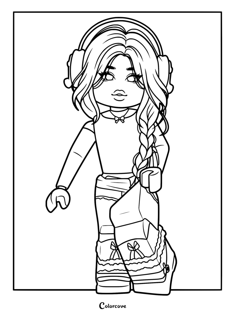 Roblox avatar girl with long braided hair and headphones, line art coloring page.