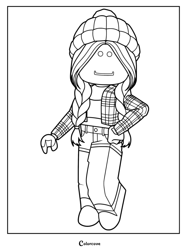 Roblox avatar girl wearing a knit beanie, long braided hair, and a plaid button-up shirt in this printable coloring page.