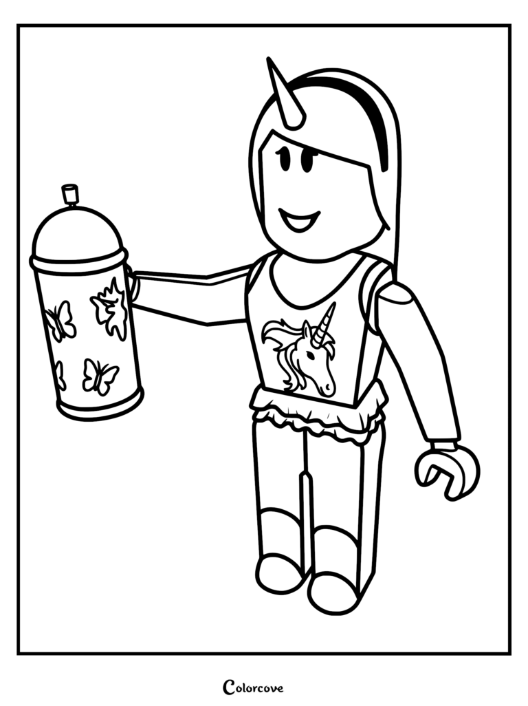 Roblox avatar wearing a unicorn headband and shirt holding a butterfly spray paint can coloring page