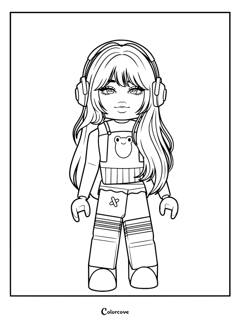 Roblox avatar girl with long hair, headphones, and a frog graphic shirt on a printable coloring page.
