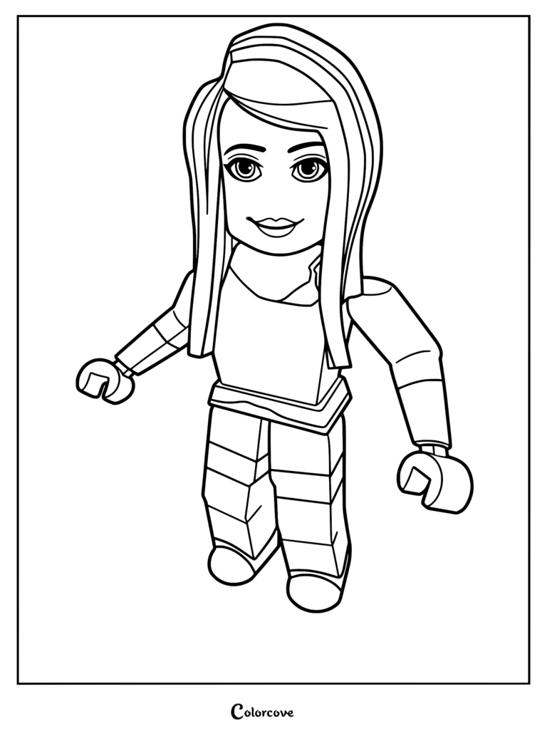 A Roblox avatar girl with long straight hair and a simple outfit in a printable coloring page format.