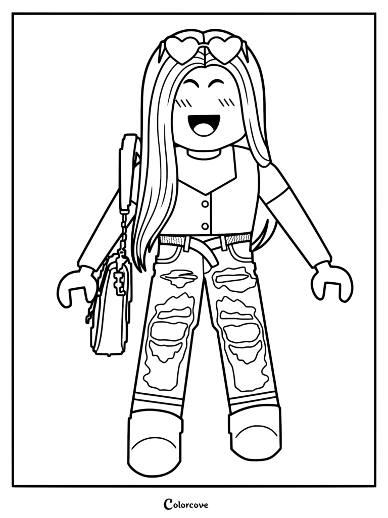 A Roblox avatar girl with long hair, heart-shaped sunglasses, and ripped jeans in a printable coloring page.