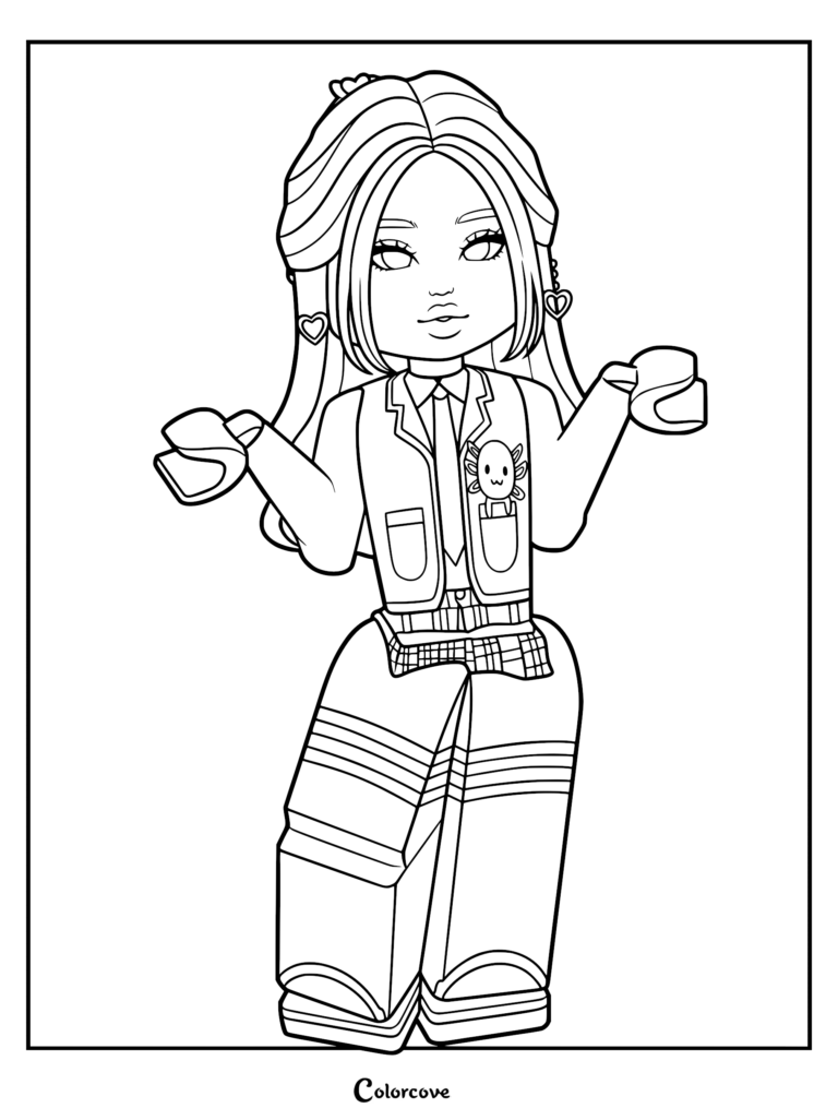 Roblox avatar character wearing a school blazer with an axolotl pin and heart earrings on a printable coloring page.