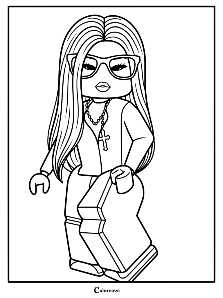 Roblox avatar coloring page featuring a female character with long straight hair, wearing thick-rimmed glasses and a cross pendant necklace while holding a large block.