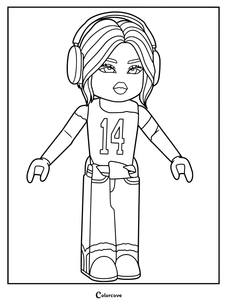 A Roblox avatar girl wearing large headphones and a shirt with the number 14 on a printable coloring page.