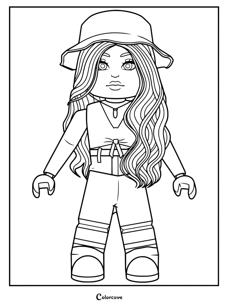 Roblox avatar coloring page featuring a girl with long wavy hair wearing a bucket hat, crop top, and boots.