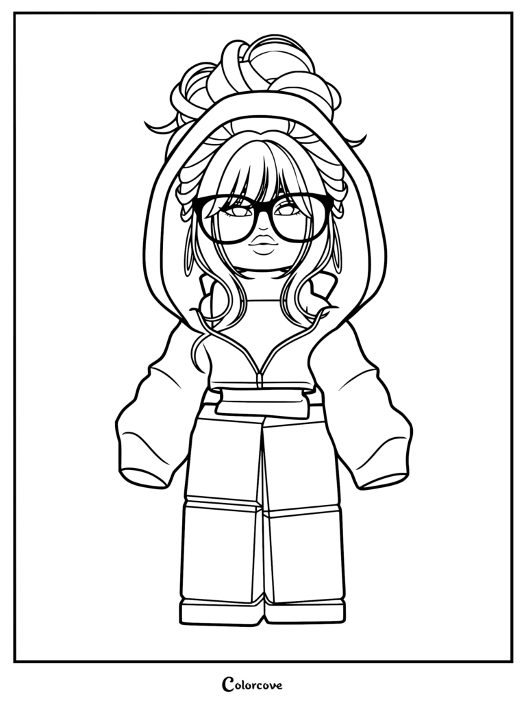 Roblox avatar coloring page featuring a character with a high bun hairstyle, oversized glasses, and a hooded jacket.