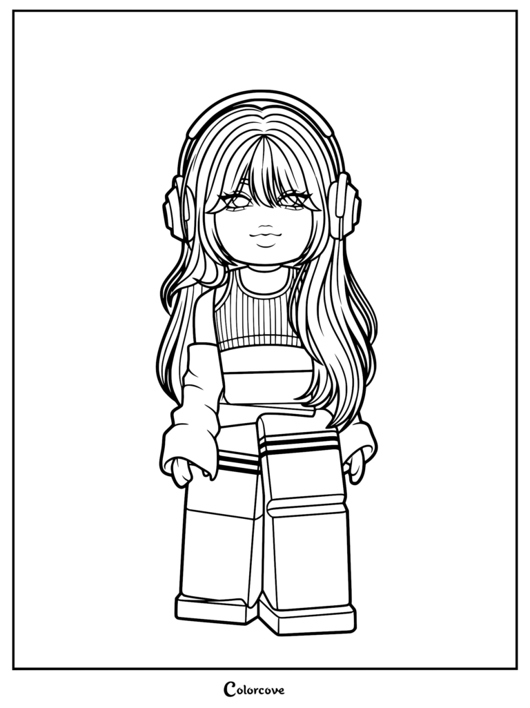 Roblox avatar girl with long hair and headphones coloring page line art