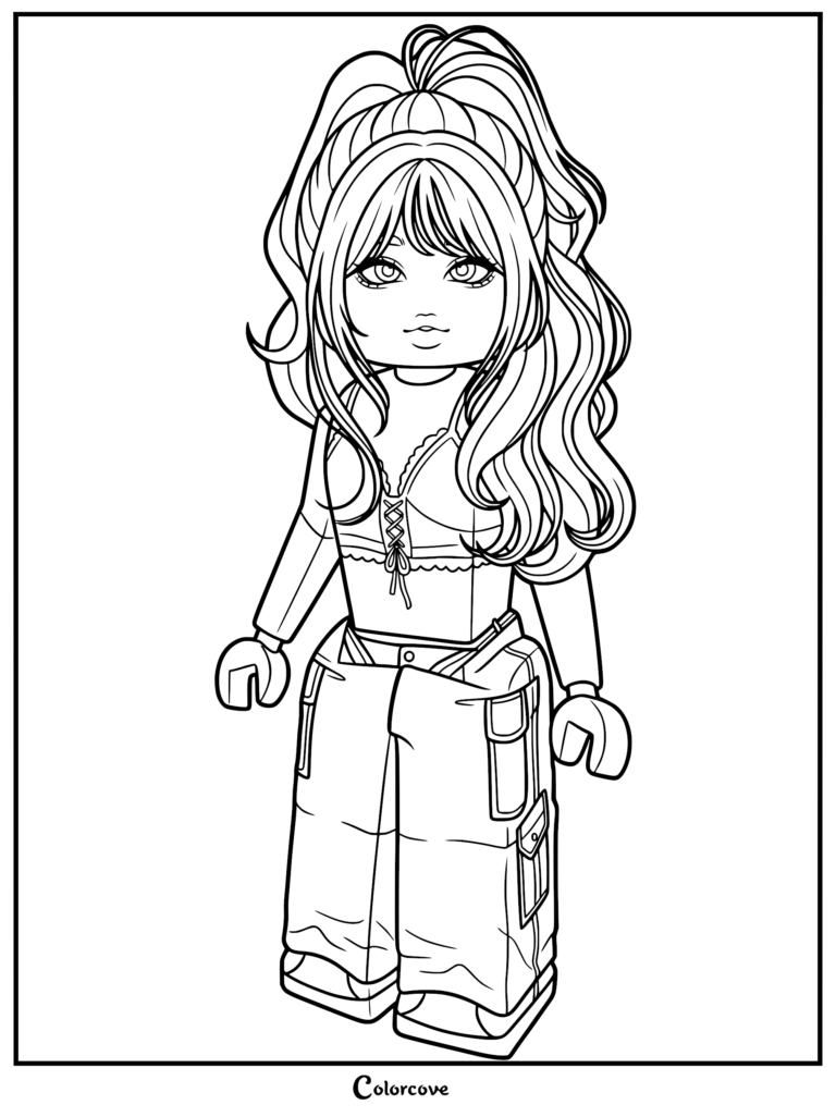 Roblox Avatar coloring page featuring a character with long wavy hair, a lace-up corset top, and cargo pants.