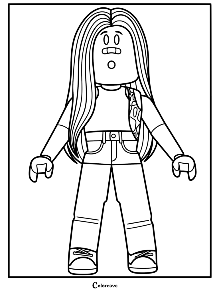 Roblox avatar coloring page featuring a character with long straight hair, a bandage on the nose, and a patterned backpack.