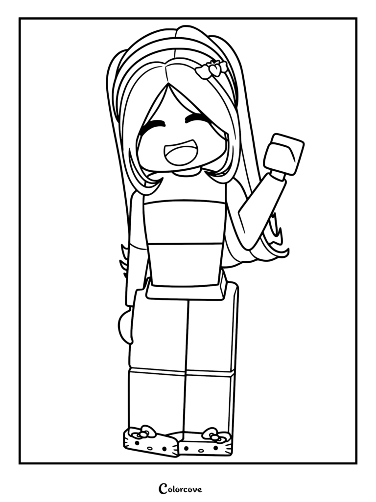 happy Roblox avatar waving while wearing Hello Kitty shoes.