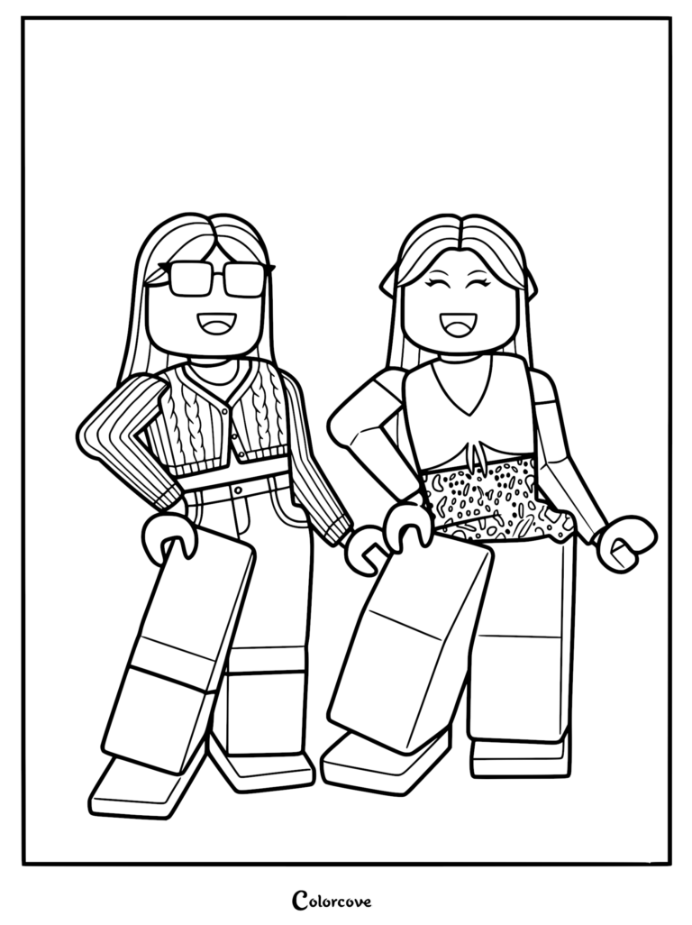 Two stylish Roblox besties standing together in trendy outfits, a printable coloring page featuring two female avatars with long hair and fashionable clothing.