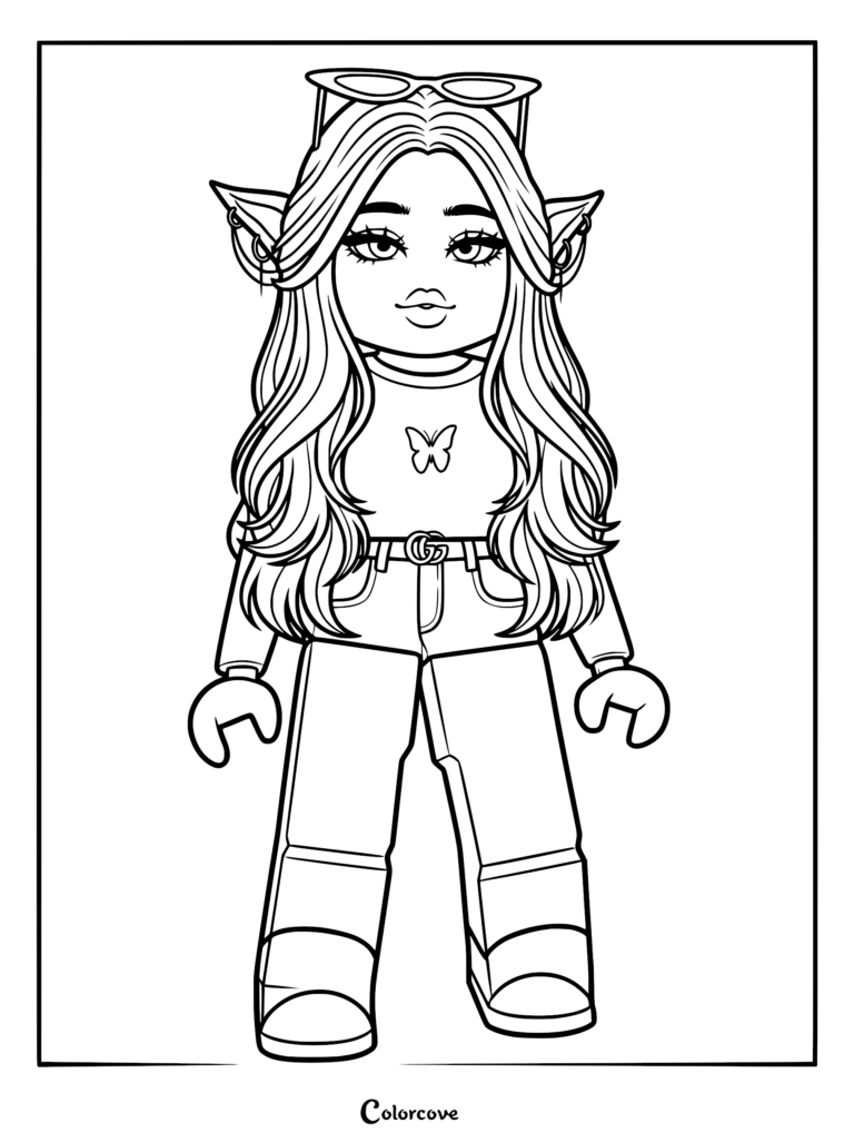Roblox elf avatar coloring page featuring a girl with long hair, butterfly shirt, and sunglasses on her head.