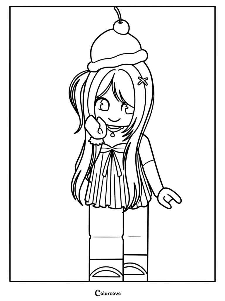 Roblox avatar girl wearing a cherry-topped hat and pleated dress in a printable coloring page.