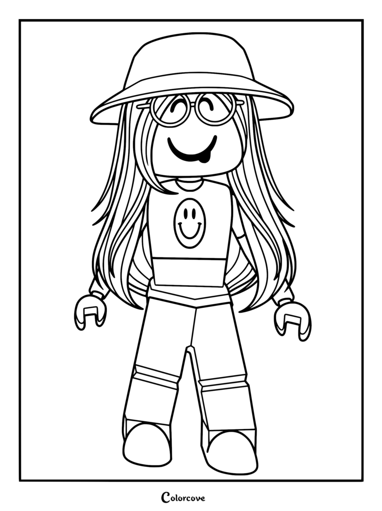 Roblox Avatar coloring page featuring a girl with long hair, round glasses, a bucket hat, and a smiley face t-shirt.