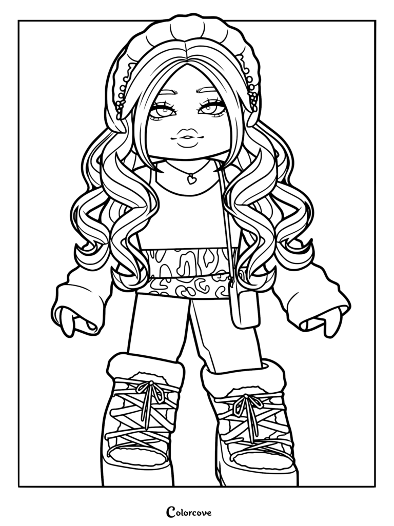 Roblox avatar coloring page featuring a girl with long wavy hair, a beret, leopard print skirt, and lace-up boots.