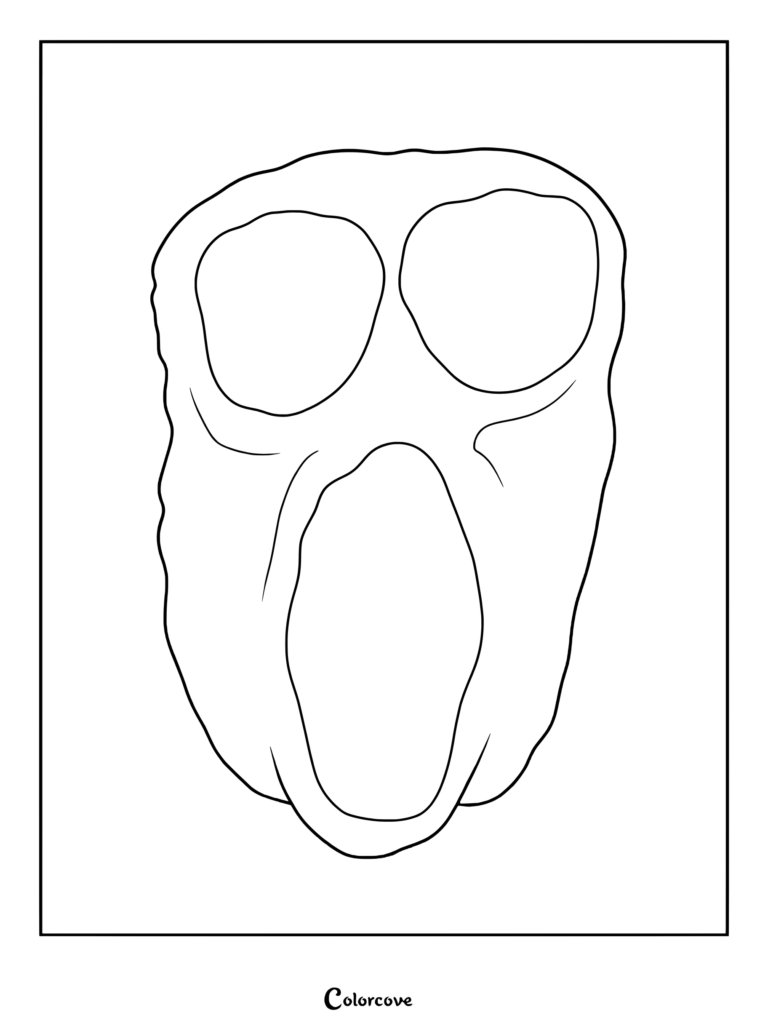 A simple line art coloring page of the Roblox Doors entity Ambush, featuring its signature hollow eyes and wide, screaming mouth.