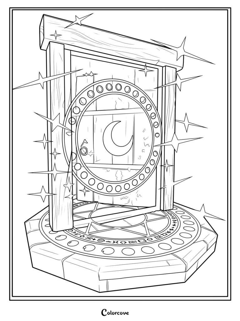A detailed Roblox Doors Guiding Light coloring page featuring a glowing mystical door frame with a crescent moon symbol and sparkling magical stars.