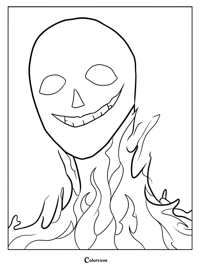 A printable coloring page featuring the Roblox Doors entity Jack, showing his distinct oval face and wide, toothy grin emerging from dark, smoky shadows.