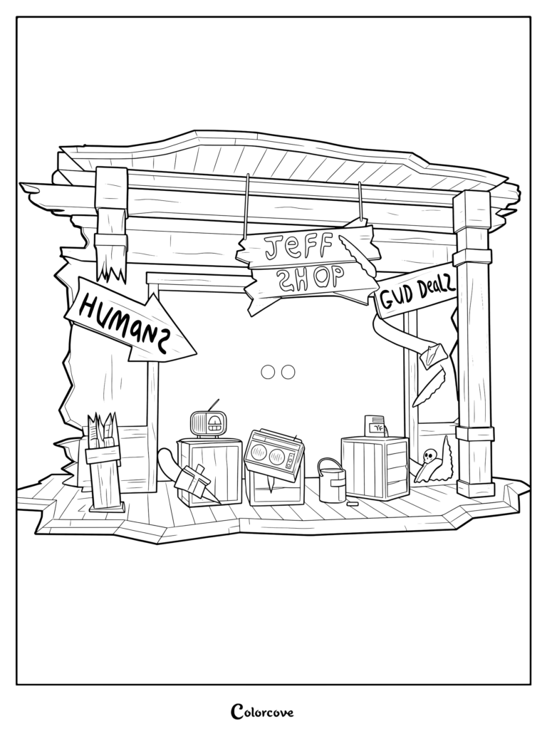 Roblox Doors Jeff Shop coloring page featuring a wooden storefront with signs reading Jeff Shop, Human, and Gud Dealz with various items on crates.