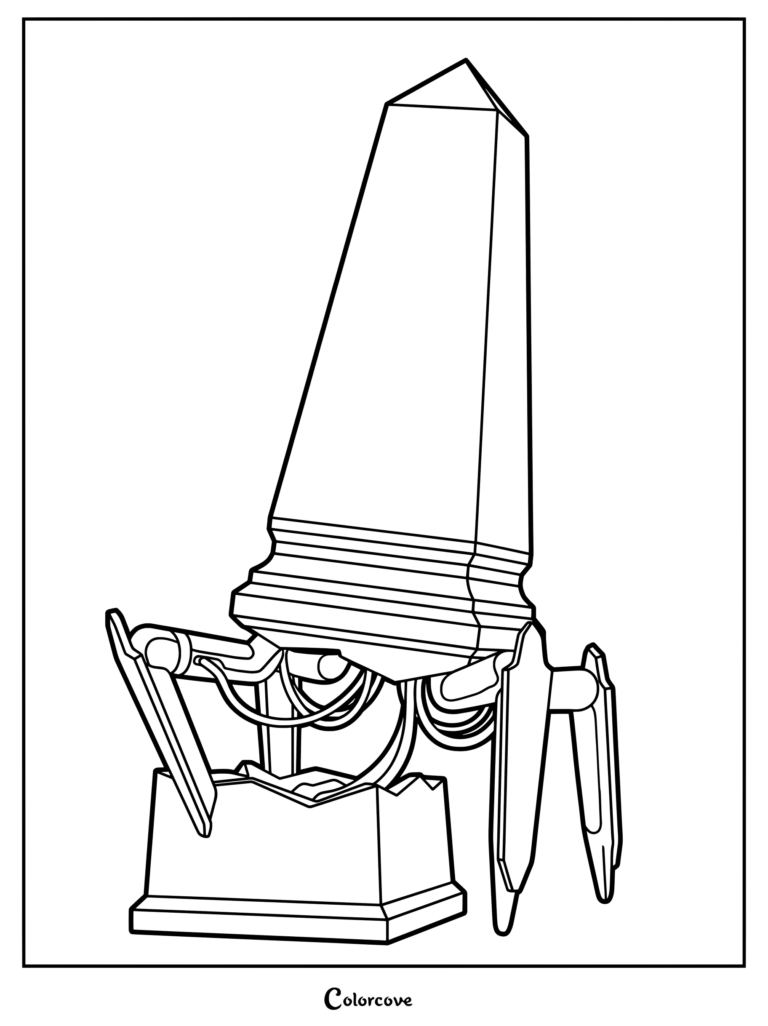 A detailed Roblox Doors Monument coloring page featuring the tall obelisk structure with mechanical legs standing on a base.