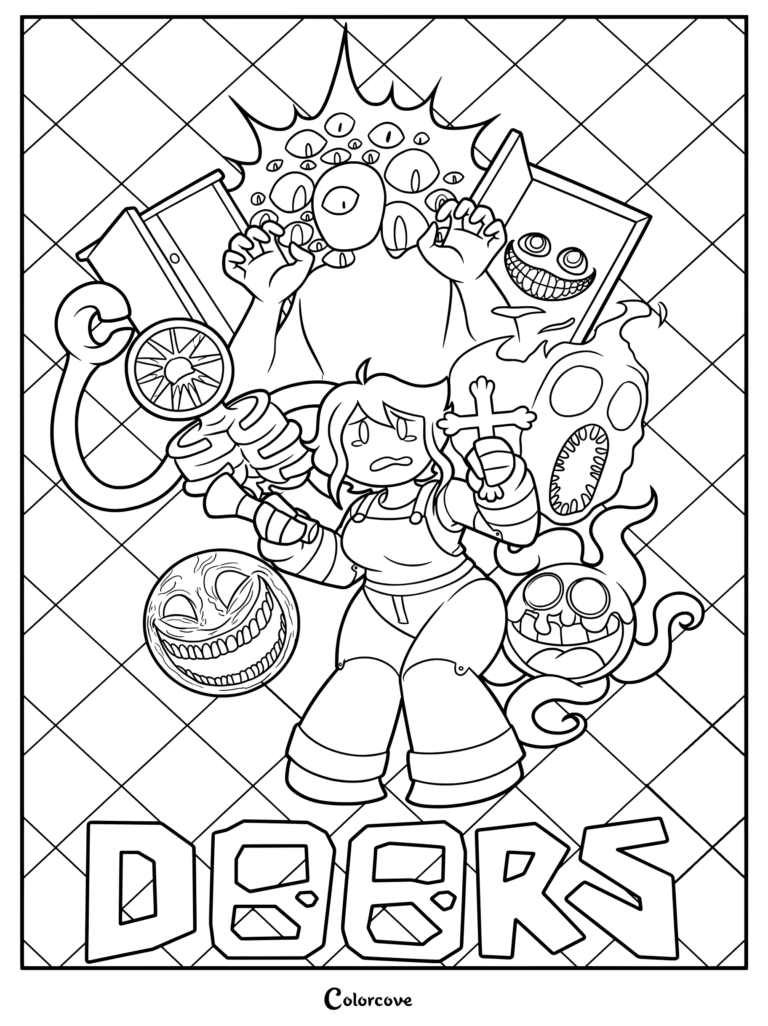 Roblox Doors poster coloring page featuring Figure, Screech, Seek, and Rush surrounding a player character holding a crucifix.