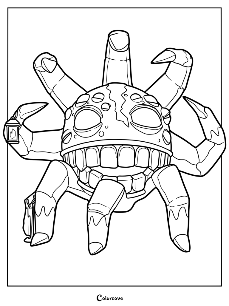 A detailed Roblox Doors Queen Grumble coloring page featuring the multi-eyed creature with a wide toothy grin, holding a lantern and a briefcase.