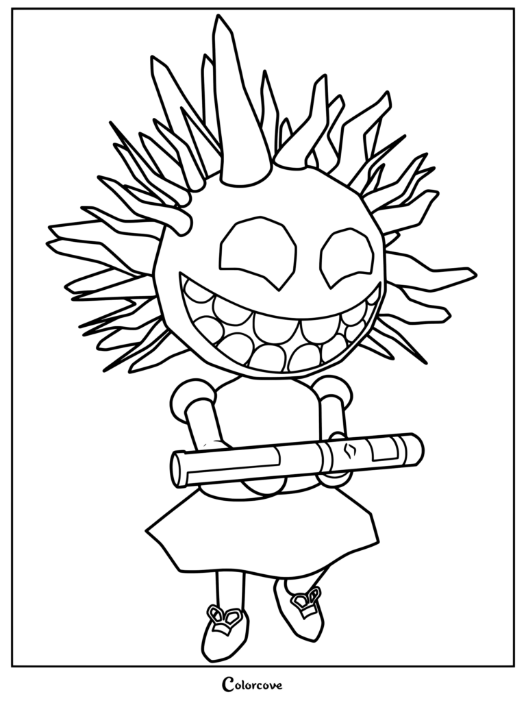Roblox Doors Sally character with spiky hair and wide grin holding a scroll, printable coloring page.