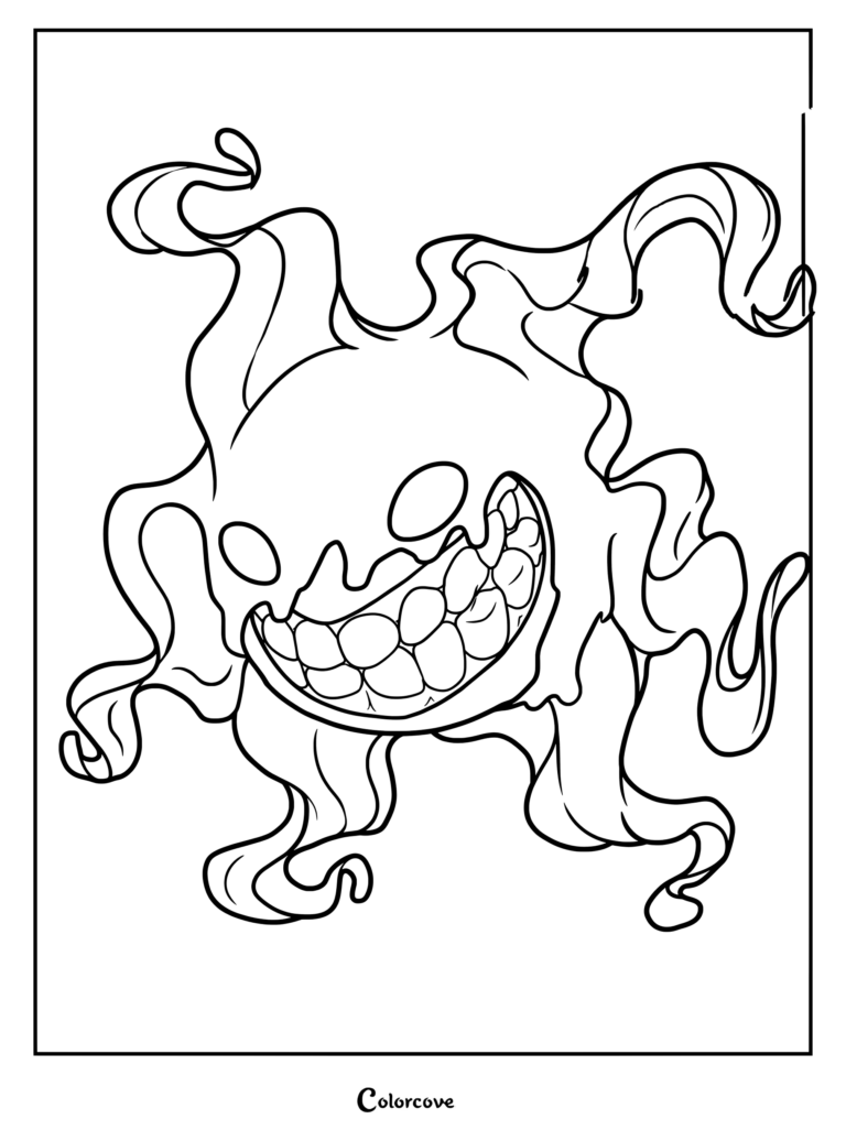 Screech from Roblox Doors coloring page featuring the shadowy entity with a wide, toothy grin and flowing tentacles.
