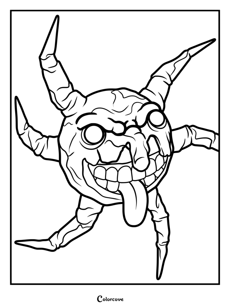 A detailed Roblox Doors Screech coloring page featuring the round, multi-tentacled entity with a wide grin and protruding tongue.