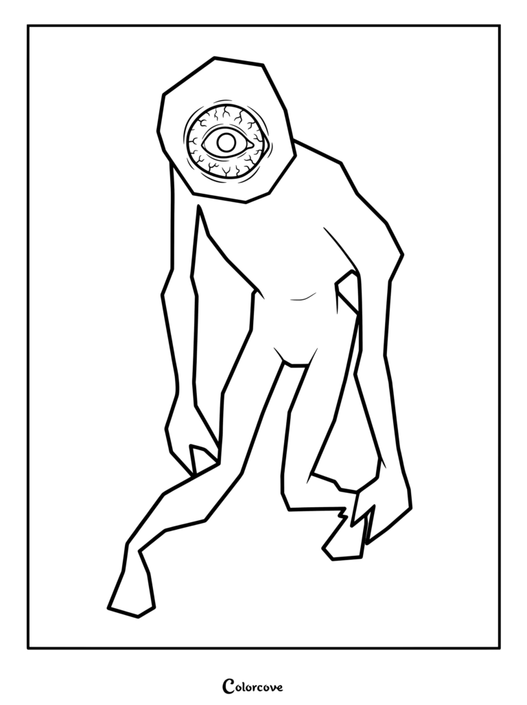 Seek from Roblox Doors standing in a hunched pose with a large detailed eye on its head in this printable coloring page.
