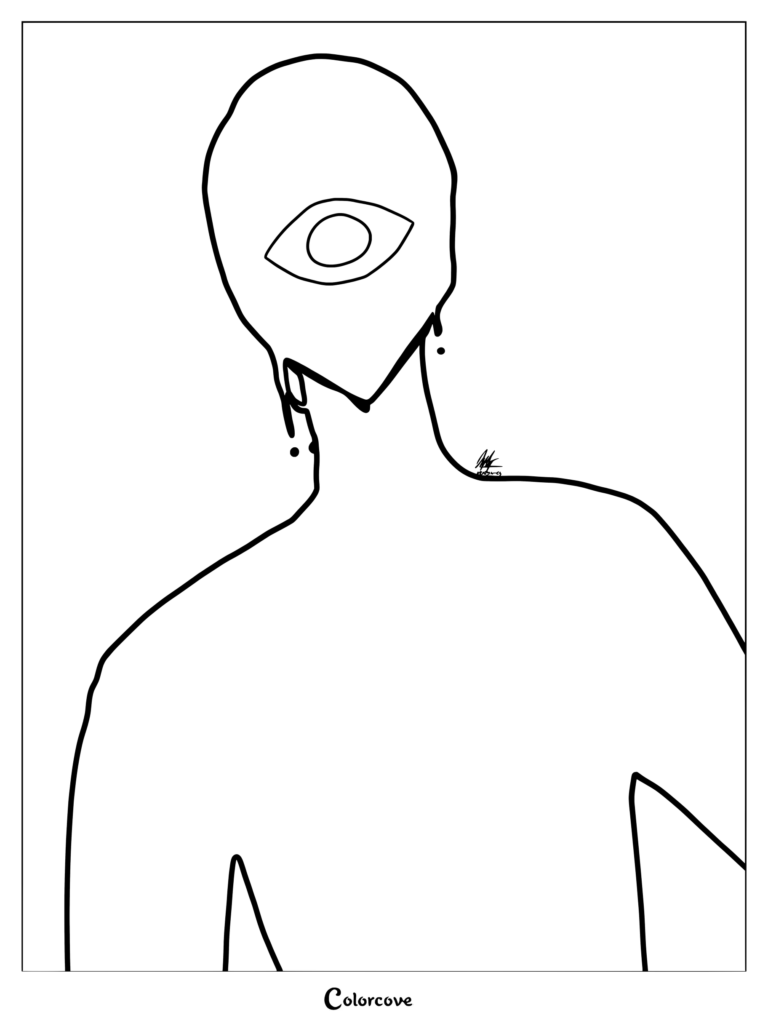 A simple line art coloring page of Seek from Roblox Doors featuring his signature single eye and dripping silhouette.