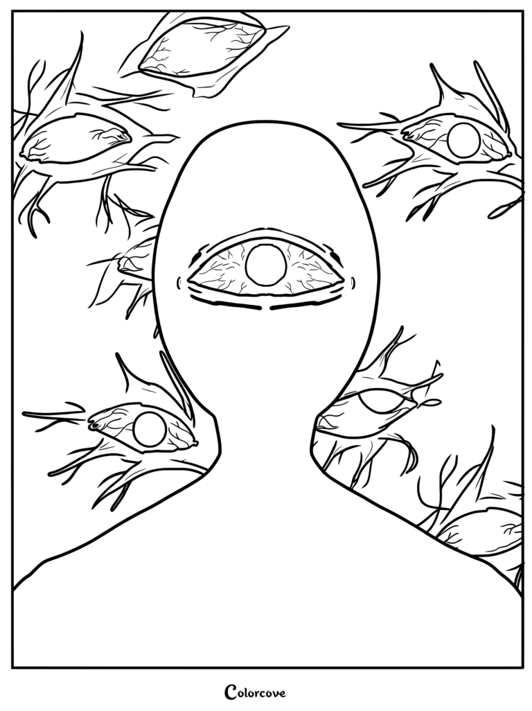 Seek from Roblox Doors surrounded by floating eyes in this printable coloring page.