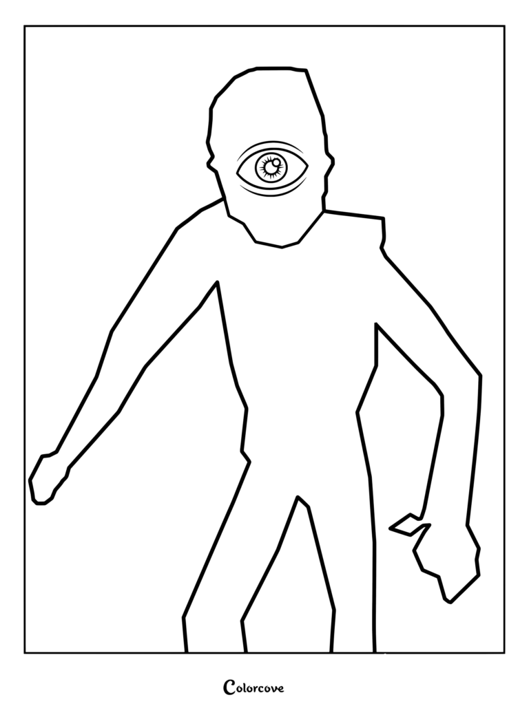 A simple black and white line art coloring page of Seek from Roblox Doors, featuring his signature single eye and tall, slender silhouette.