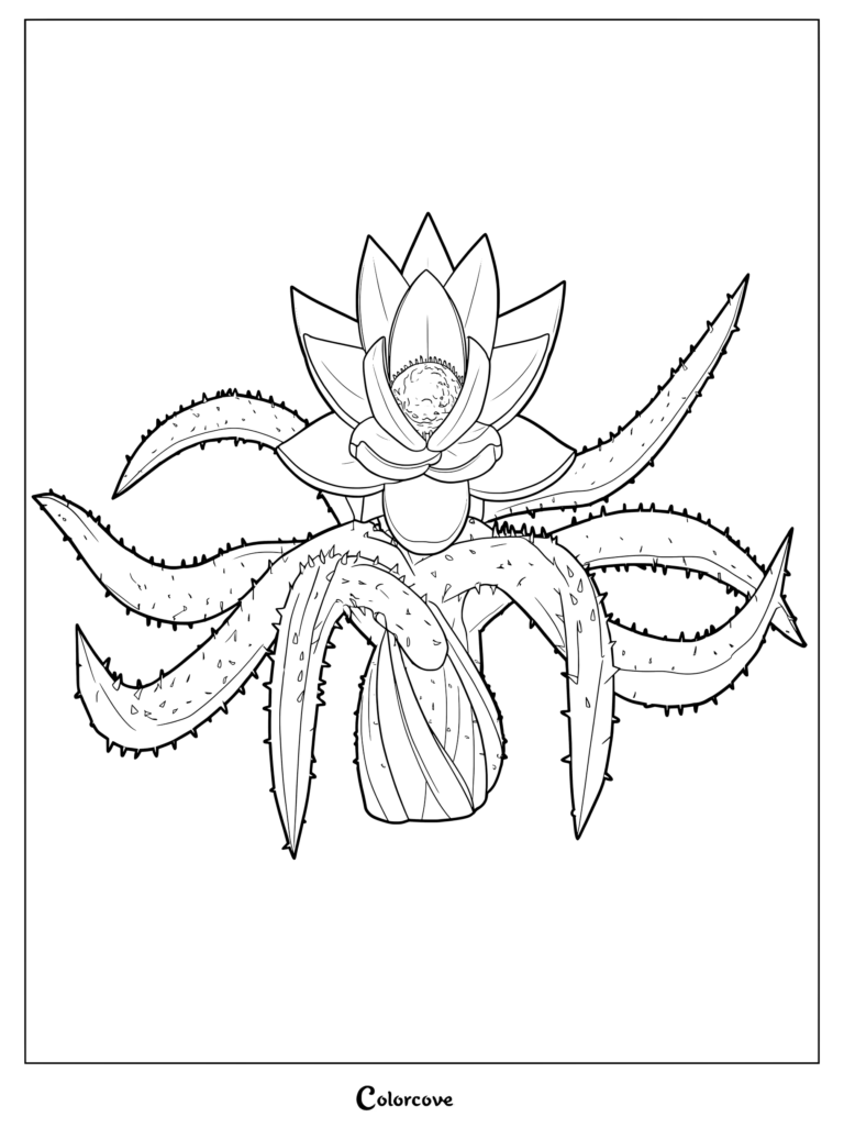 A detailed Roblox Doors World Lotus coloring page featuring a central blooming flower surrounded by sharp, spiky, tentacle-like leaves.