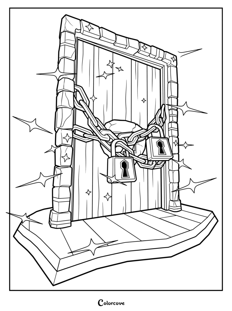 A printable coloring page featuring the Curious Light from Roblox Doors, depicted as a glowing, chained wooden door with padlocks.