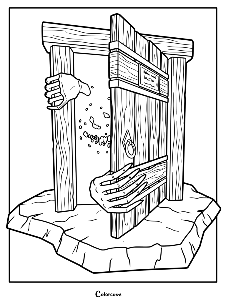 A printable coloring page featuring the Roblox Doors entity Dupe reaching out from behind a wooden door frame with long sharp fingers.