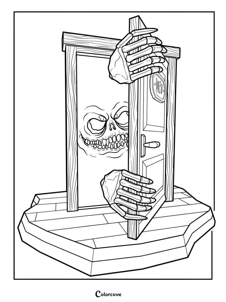 A printable Roblox Doors Dupe coloring page featuring the skeletal entity peeking through a wooden door frame with bony hands.