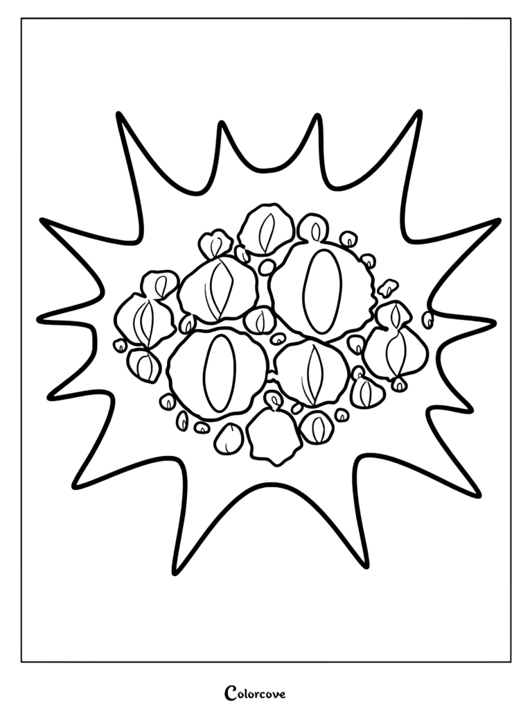 A printable coloring page featuring the Eyes entity from Roblox Doors, depicted as a cluster of multiple glowing eyes inside a jagged starburst shape.