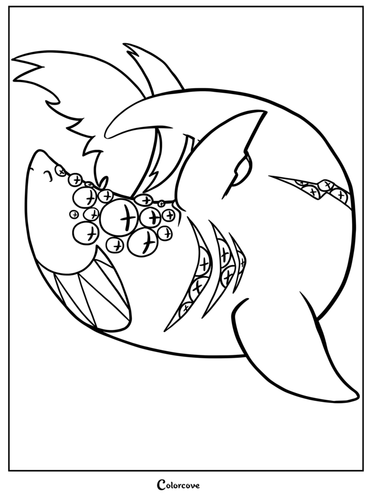 Page de coloriage Roblox Pressure représentant Eyefestation, une entité sombre aux allures de requin couverte d'yeux verts luisants.