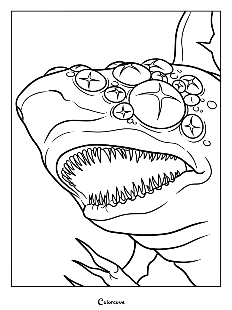 Eyefestation, un monstre semblable à un poisson aux multiples yeux du jeu d'horreur Roblox Pressure, illustré sur une page de coloriage détaillée de Roblox Pressure.