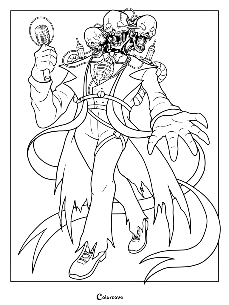 Page de coloriage imprimable de The Hosts du jeu Pressure sur Roblox, mettant en scène un personnage à têtes multiples tenant un microphone.