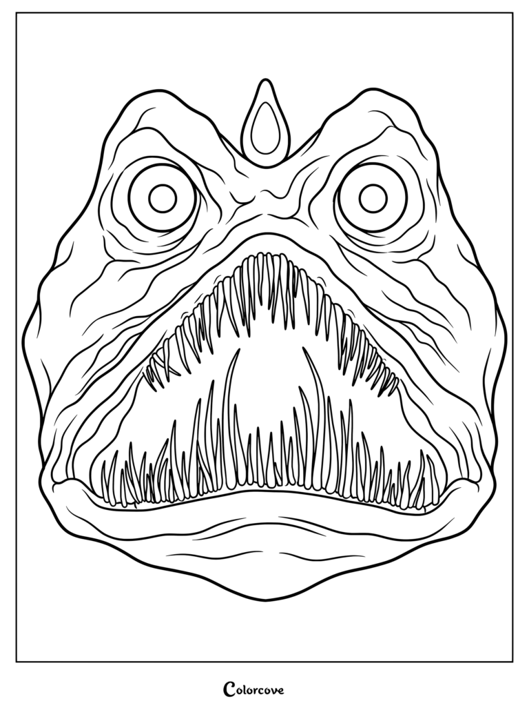 Une page de coloriage détaillée de Froger (Z-283-F) du jeu d'horreur Roblox Pressure, montrant sa large bouche ouverte pleine de dents acérées et ses yeux globuleux.