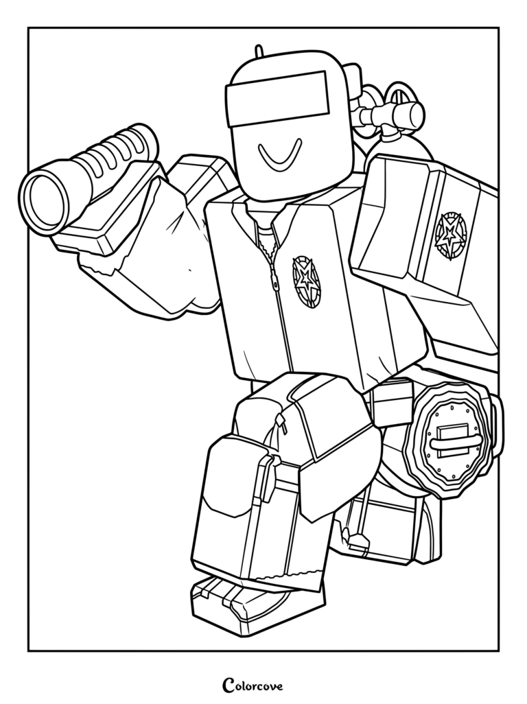 Une page de coloriage imprimable de Roblox Pressure représentant The Expendable tenant une lampe de poche dans un uniforme d'Urbanshade.