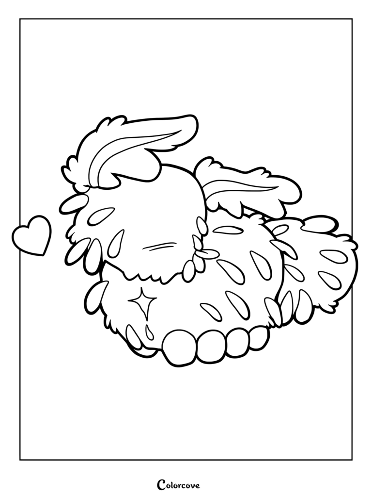 Page de coloriage de fan art de Sea Bunny, créature des grands fonds marins du jeu d'horreur Roblox Pressure, arborant de mignons yeux, des oreilles tombantes, des motifs en forme de larmes et un cœur flottant.