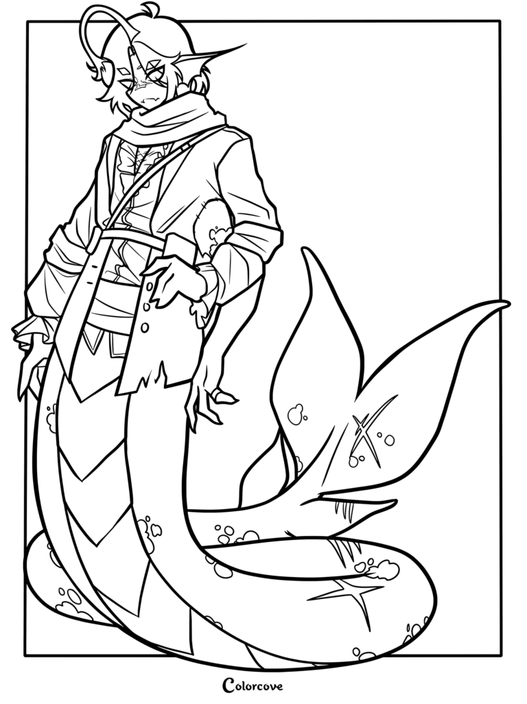 Un coloriage détaillé de Sebastian Solace du jeu d'aventure d'horreur Roblox Pressure, représentant un personnage de poisson humanoïde debout avec une queue écailleuse, une veste et une écharpe.