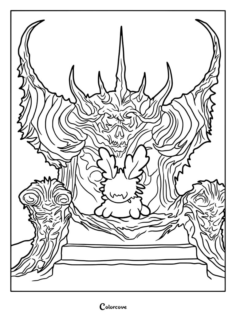 Page de coloriage Roblox Pressure d'un sea bunny assis sur un trône sombre et épineux entouré d'un paysage infernal enflammé.