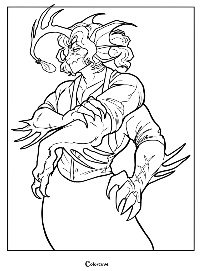 Coloriage de Sebastian Solace de Roblox Pressure montrant le monstre poisson-lanterne fléchissant ses bras avec un leurre suspendu au-dessus de sa tête.